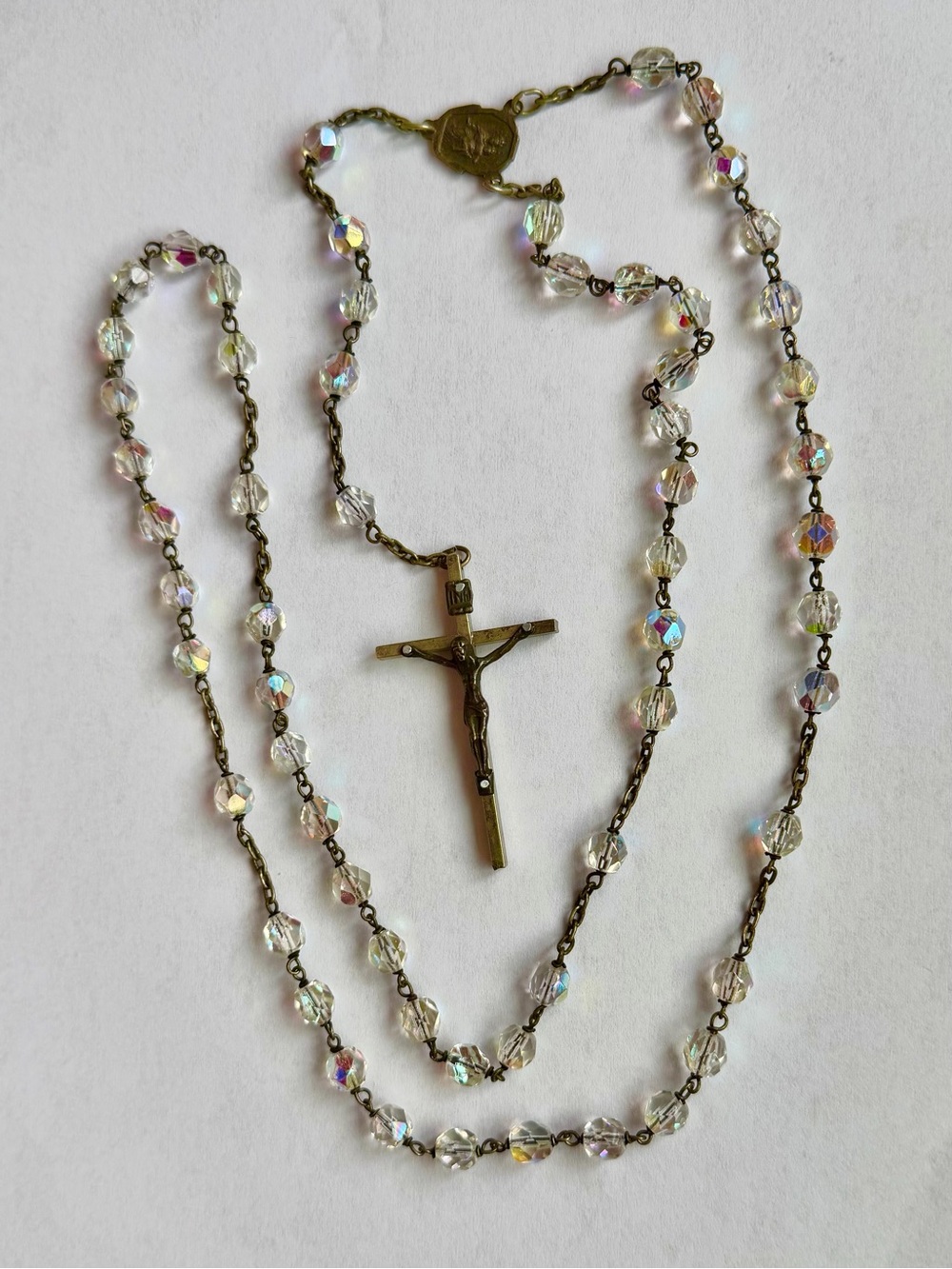 Rosary vintage faceted pastel beads silver tone crucifix